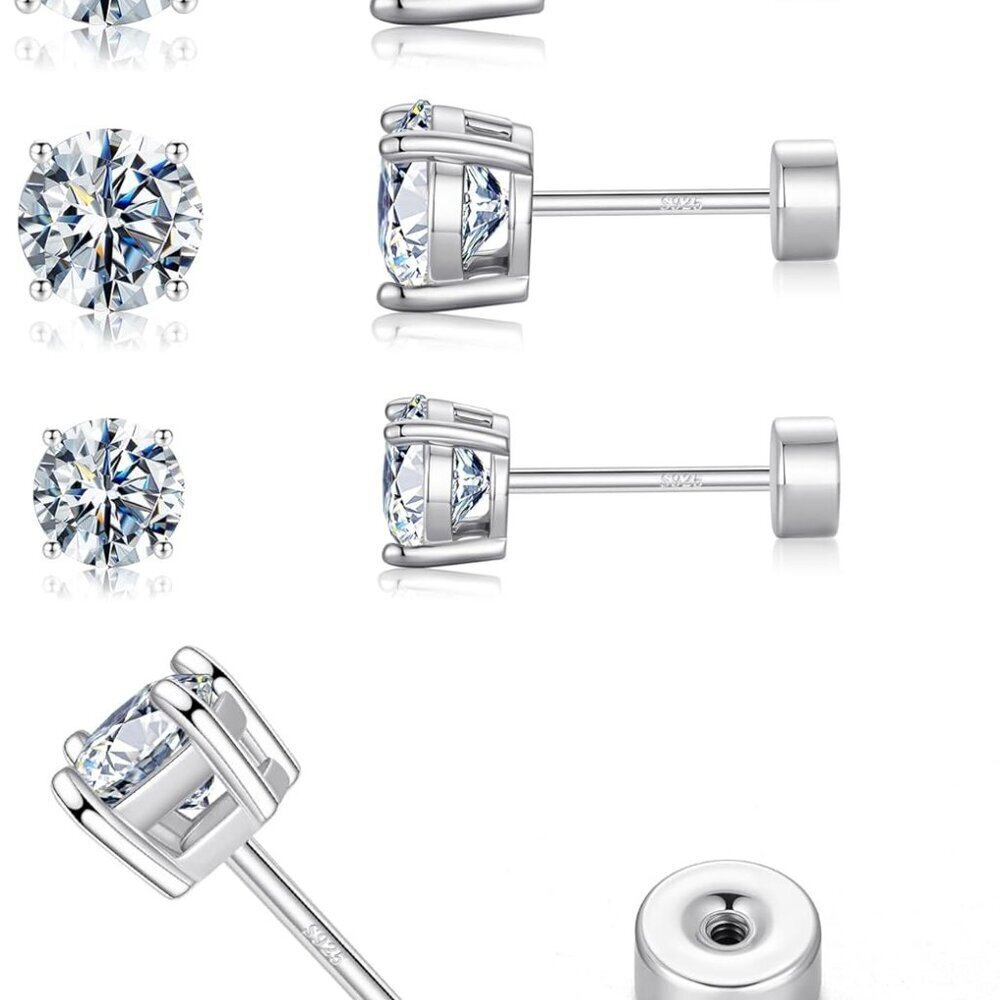 Moissanite Earrings Studs Sterling Silver Flat Back Unisex Gift Set